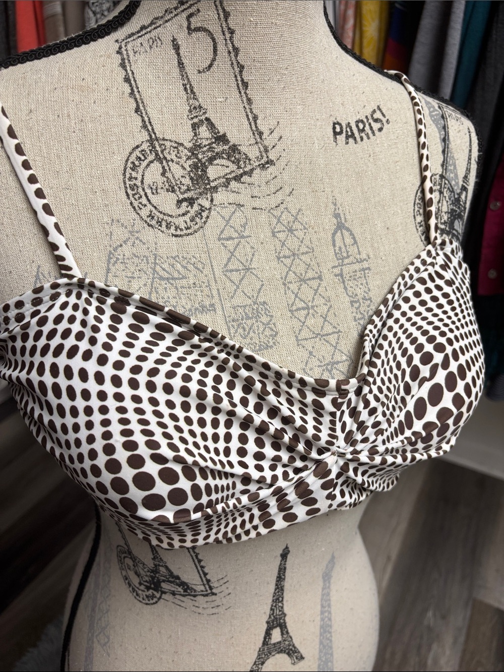 Brown and Off-White Polka Dot Ruched Bikini Top - Picture 5 of 16